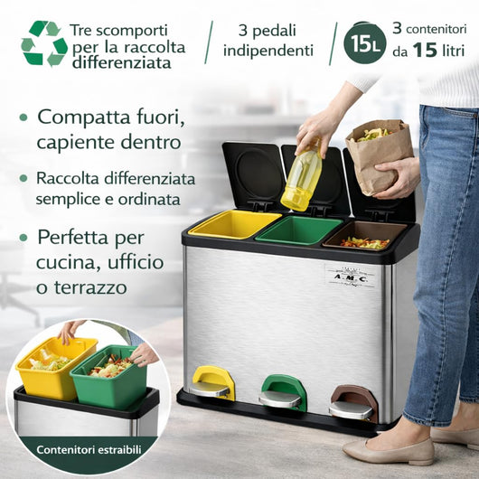 Pattumiera Differenziata 45L (3x15L) con Pedale, Cestino Raccolta Triplo da Cucina in Acciaio Metallico, 3 Scomparti con Coperchio, Colore Argento e Nero.