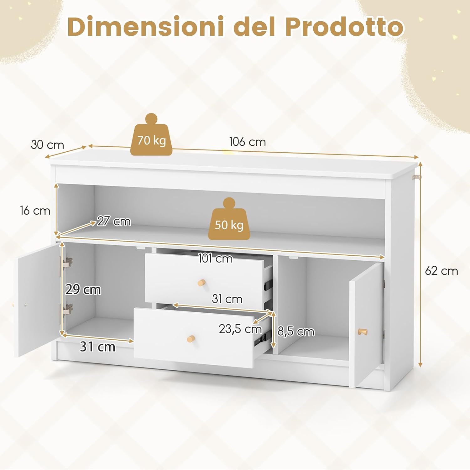 Organizzatore per Giocattoli per Bambini, Scaffale in Legno con Scomparto Aperto 2 Cassetti e 2 Ante, Mobile Multifunzionale per Sala Giochi Camera da Letto Asilo, 106x30x62 cm (Bianco)