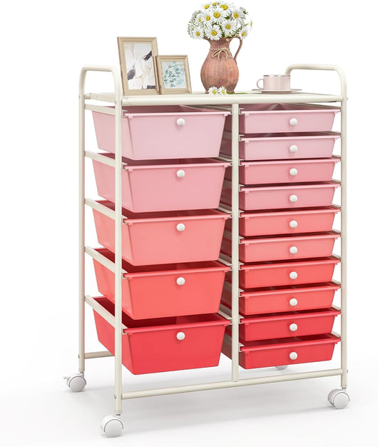 Carrello con 15 Cassetti Impilabili, Carrello di Stoccaggio con Ruote, Carello Portaoggetti per Casa e Ufficio, 62,5 x 37 x 87 cm (Rosa)