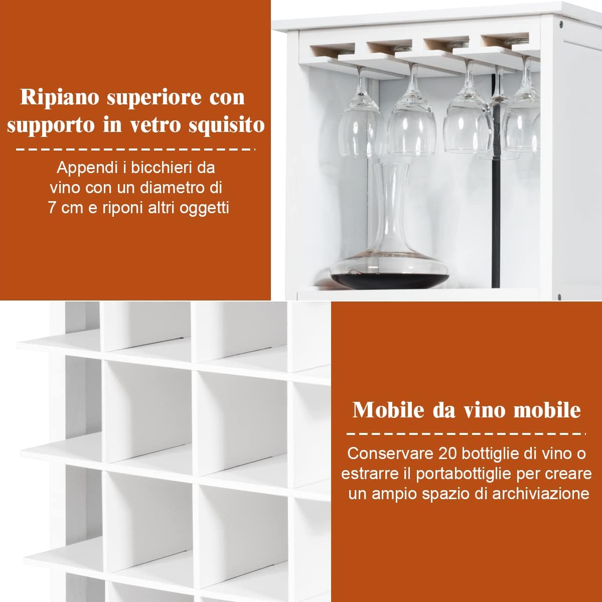 Cantinetta Portabottiglie in Legno, Scaffale per Vino con Portabicchiere/Calici, Portavino per 20 Bottiglie e 4 Calici, 42 x 24.5 x 96 cm (Bianco)