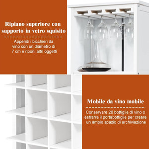 Cantinetta Portabottiglie in Legno, Scaffale per Vino con Portabicchiere/Calici, Portavino per 20 Bottiglie e 4 Calici, 42 x 24.5 x 96 cm (Bianco)