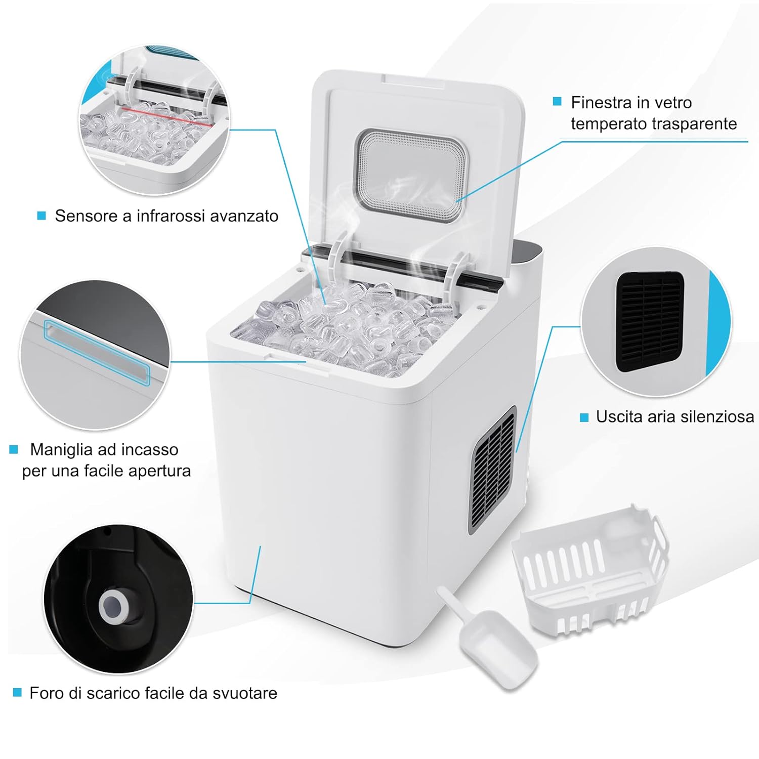 Macchina del Ghiaccio 15kg/24h, Fabbricatore di Ghiaccio con Funziona Autopulizia e Touch, Schermo a LED, Ideale per Casa Ristorante e Bar (Bianco)