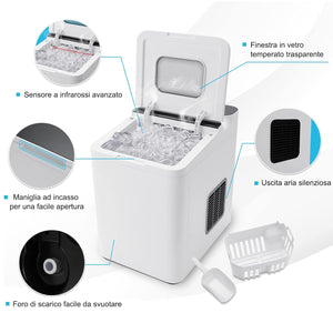 Macchina del Ghiaccio 15kg/24h, Fabbricatore di Ghiaccio con Funziona Autopulizia e Touch, Schermo a LED, Ideale per Casa Ristorante e Bar (Bianco)
