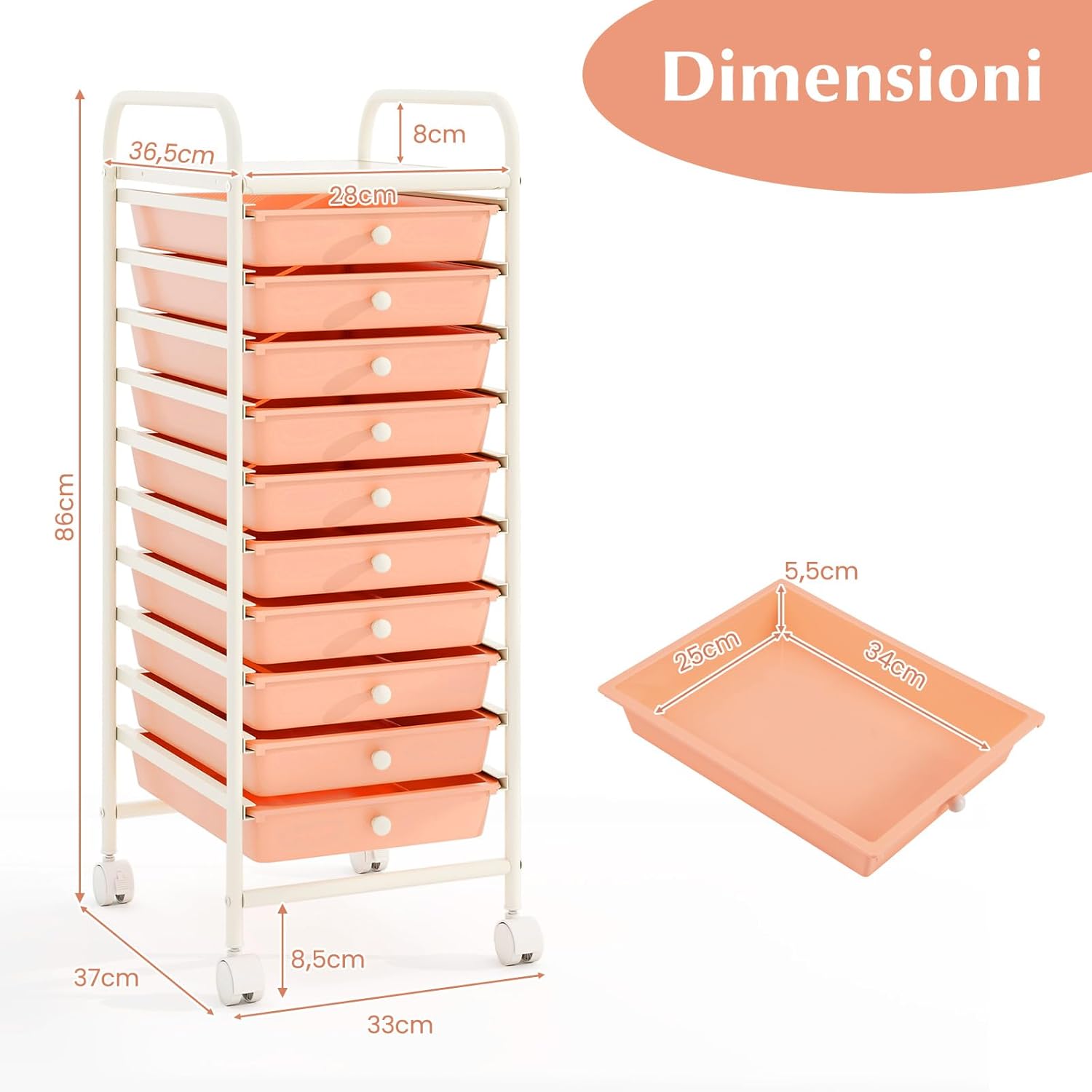 Carrello con 10 Cassetti da Stoccaggio, Cassettiera di Metallo e Plastica, Contenitore Multiuso con Ruote a Freno, per Casa e Ufficio (Arancia)