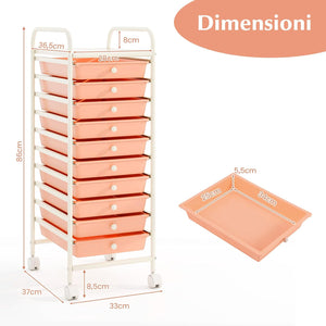 Carrello con 10 Cassetti da Stoccaggio, Cassettiera di Metallo e Plastica, Contenitore Multiuso con Ruote a Freno, per Casa e Ufficio (Arancia)