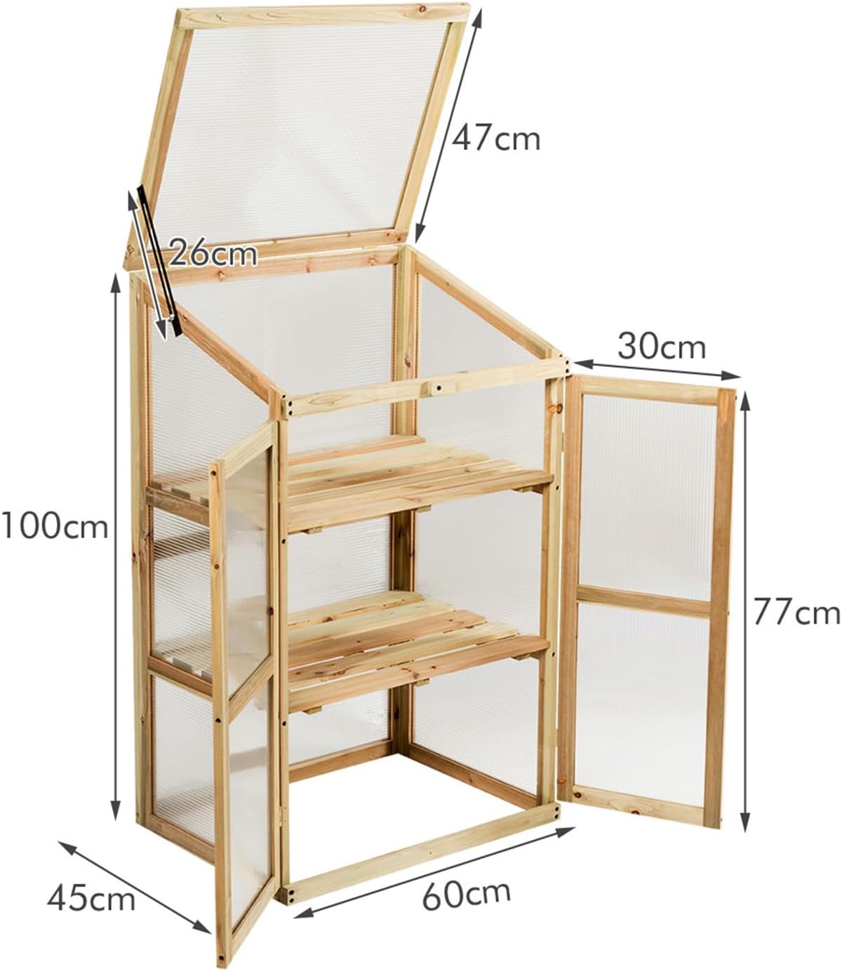 Mini Serra da Giardino a 3 Ripiani in Legno, Serra da Esterno e Interno per Piante e Orto con Coperchio e Ante Apribili, Mini Serra da Giardino e Balcone, 60 x 45 x 100 cm