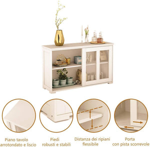 Armadietto da Cucina Mobile Laterale Multiuso con Ante Scorrevoli, in MDF e Vetro, 106,5 x 33 x 62,5 cm (Bianco Crema)