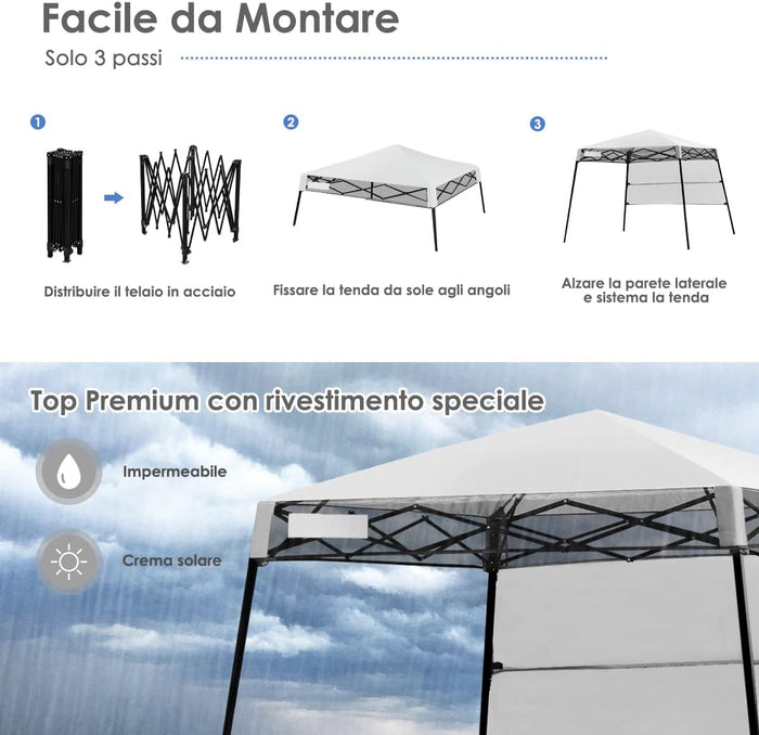 Gazebo Pieghevole da Giardino 210 x 210CM, Struttura in Acciaio, Altezza Regolabile, Gazebo da Esterno con Borsa, Ideale per Feste, Barbecue, Giardino e Spiaggia (bianco)