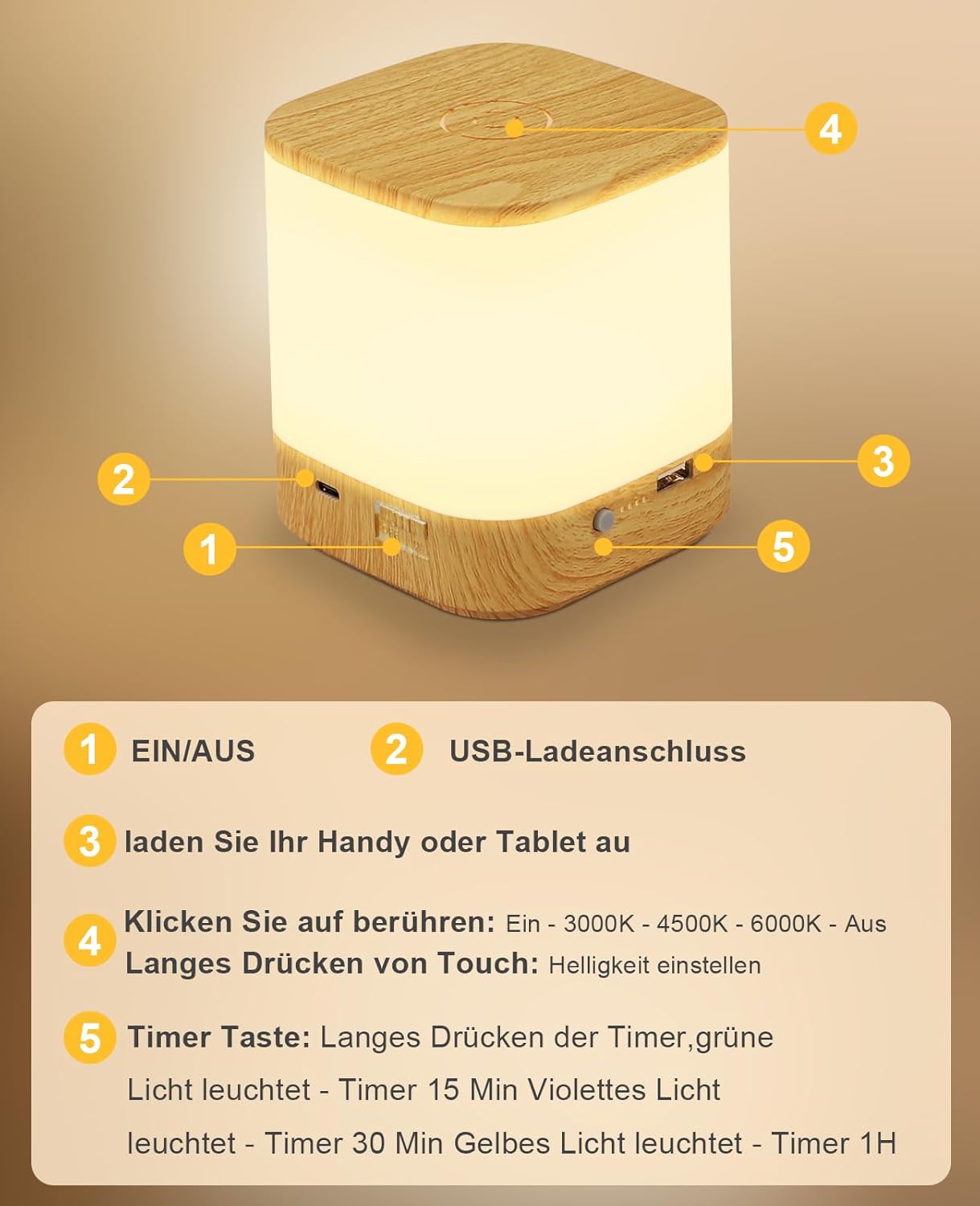 ZMH Lampada da tavolo LED effetto legno touch dimmerabile USB ricaricabile 3600mAh 3 temperature colore per camera letto
