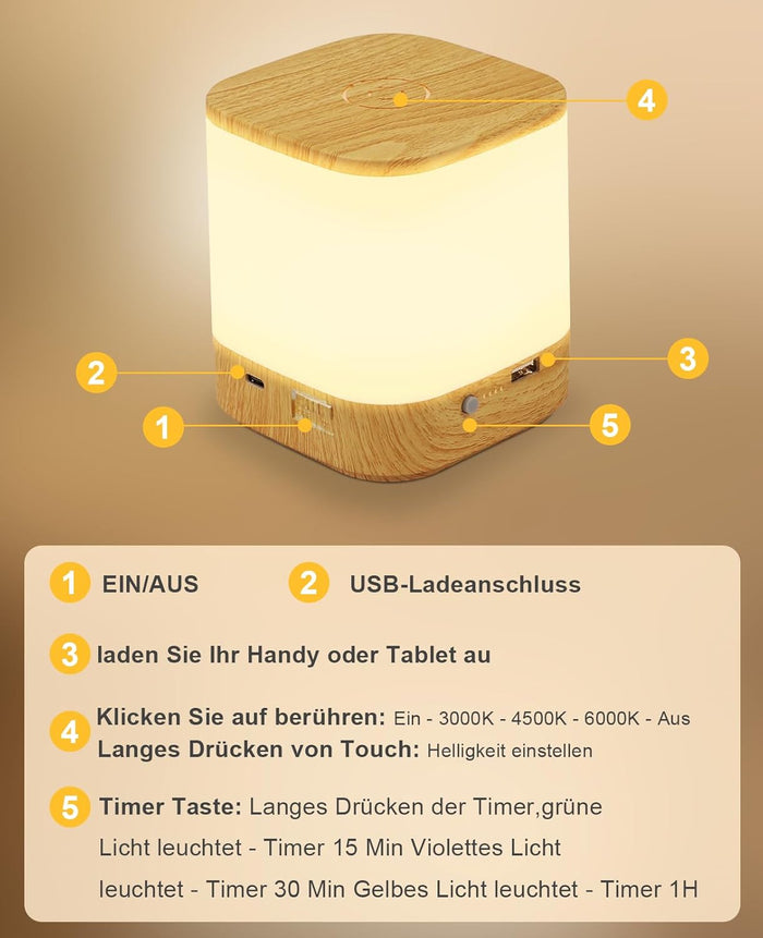 ZMH Lampada da tavolo LED effetto legno touch dimmerabile USB ricaricabile 3600mAh 3 temperature colore per camera letto