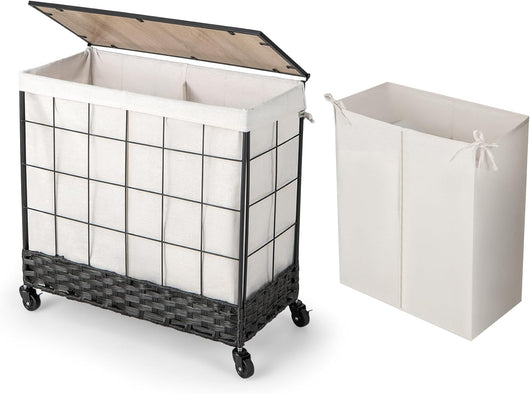 130 L Cesto Portabiancheria con Coperchio, Cesto per Bucato con Sacchetto Interno Divisibile Removibile e Ruote Bloccabili, con Maniglia, per Camera da Letto Lavanderia Bagno, 68x34x67 cm