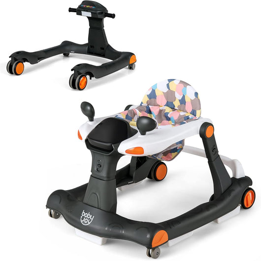 Girello per bambini 2 in 1, Girello con Altezza e Velocità Regolabili, Carillon con Luci e Cuscino Comodo, Primi Passi per Bambini 6-18 Mesi, Capacità di carico: 15 kg (Nero)