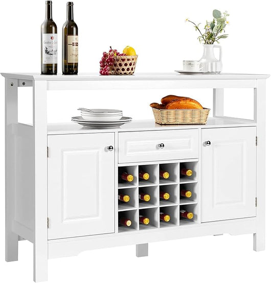 Credenza Moderna con Tanto Spazio, Credenza Cucina con Porta Bottiglie di Vino a Forma Incrociata, Mensola Aperta, 2 Armadietti e Cassetto, 117 x 40,5 x 82,5 cm (Bianco)