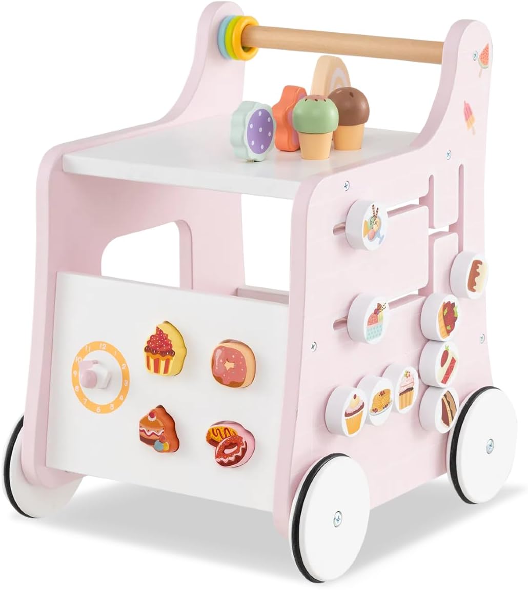 Girello 2 in 1 per Bambini, Carrello Primi Passi in Legno con Spazio di Archiviazione, Negozio di Dolci con Gelati, Cursori, Labirinto, Piatto e Cucchiaio, Centro Attività per 1+ Anni (Rosa)