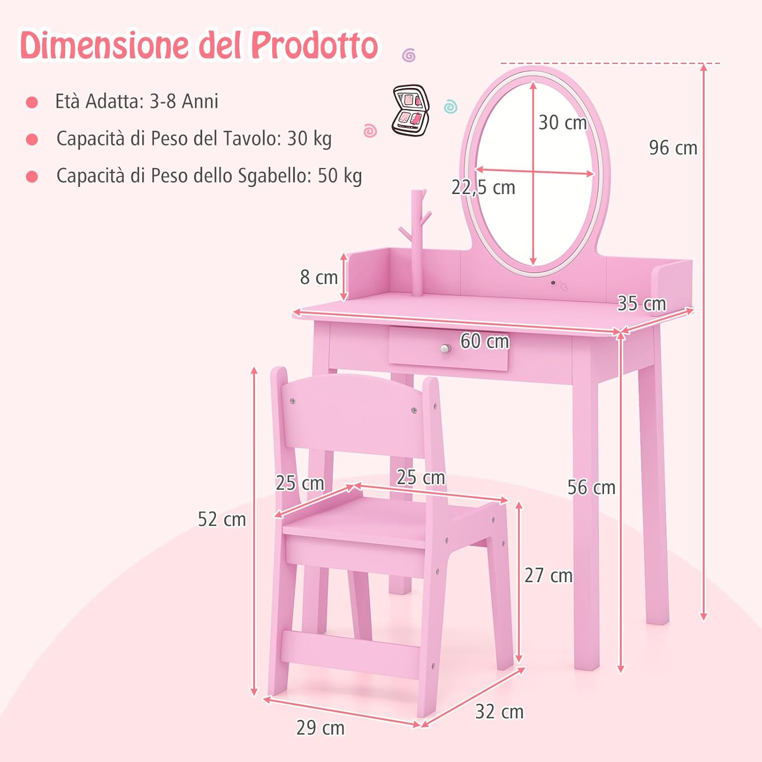 Toeletta Trucco 2 in 1 per Bambina, Specchiera Staccabile per Ragazza in Legno con Sedia, Cassetto e Luci LED Regolabile, Postazione Trucco per 3 Anni, 60 x 35 x 96 cm