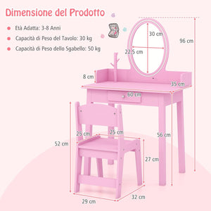 Toeletta Trucco 2 in 1 per Bambina, Specchiera Staccabile per Ragazza in Legno con Sedia, Cassetto e Luci LED Regolabile, Postazione Trucco per 3 Anni, 60 x 35 x 96 cm