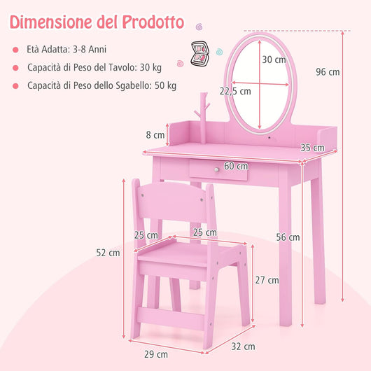 Toeletta Trucco 2 in 1 per Bambina, Specchiera Staccabile per Ragazza in Legno con Sedia, Cassetto e Luci LED Regolabile, Postazione Trucco per 3 Anni, 60 x 35 x 96 cm