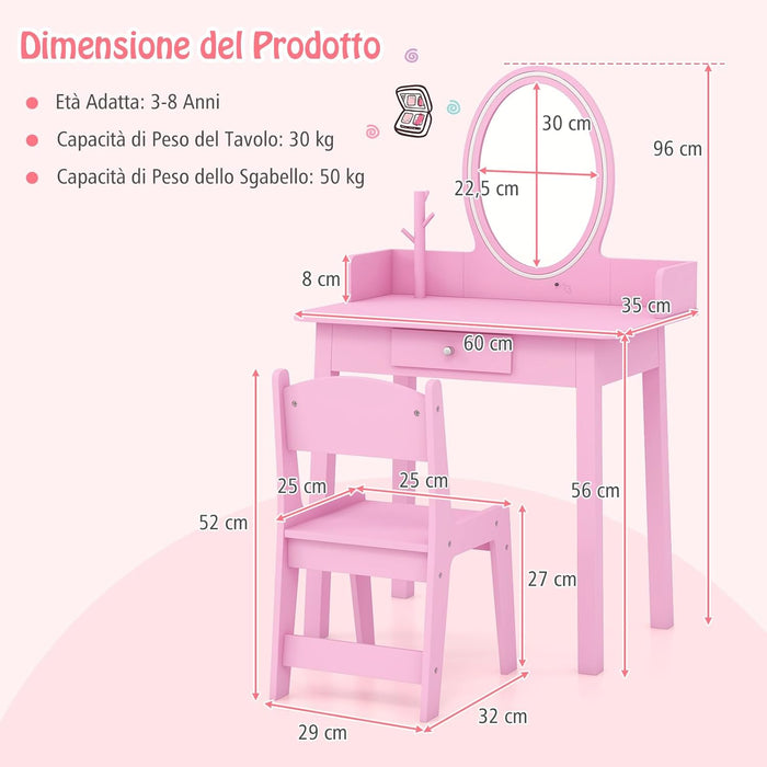 Toeletta Trucco 2 in 1 per Bambina, Specchiera Staccabile per Ragazza in Legno con Sedia, Cassetto e Luci LED Regolabile, Postazione Trucco per 3 Anni, 60 x 35 x 96 cm