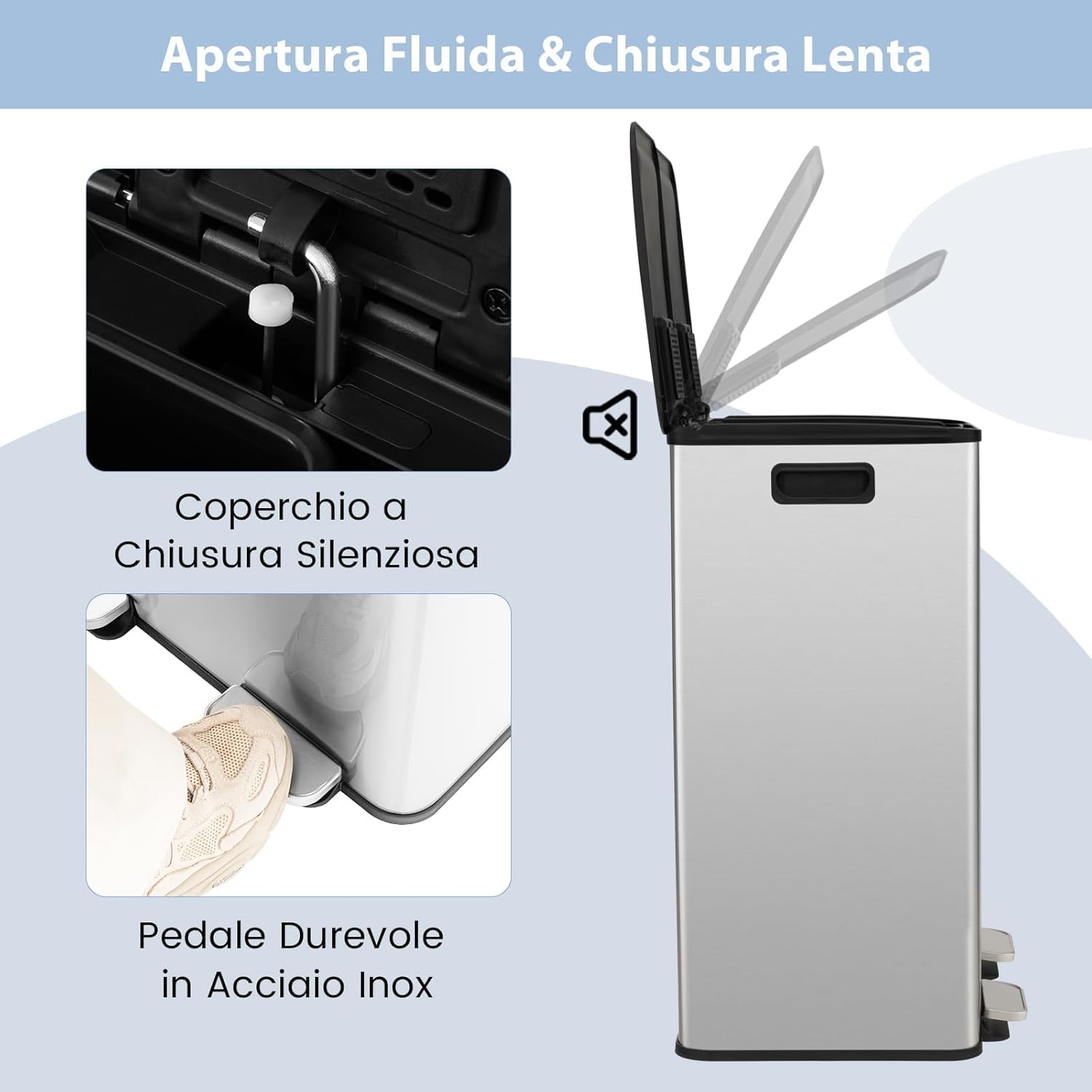 Pattumiera per Differenziata 2 Scomparti, Secchi Spazzatura Differenziata 2 x 30 L, Bidone con Coperchi a Chiusura Morbida, Acciaio Inox Anti-Impronte (Argento)