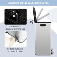 Pattumiera per Differenziata 2 Scomparti, Secchi Spazzatura Differenziata 2 x 30 L, Bidone con Coperchi a Chiusura Morbida, Acciaio Inox Anti-Impronte (Argento)