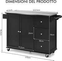 Carrello da Cucina, Isola da Cucina con Piano in Acciaio Inox, 3 Cassetti e Armadietto a 2 Ante, Ripiani Regolabili e Portasciugamani e Portaspezie, 135x45,5x 91,5 cm (Nero)