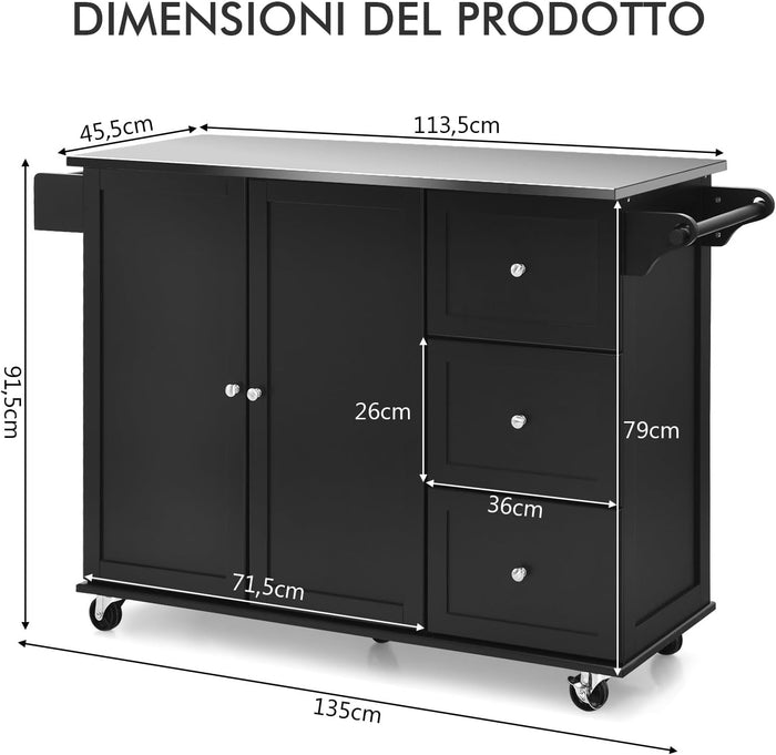 Carrello da Cucina, Isola da Cucina con Piano in Acciaio Inox, 3 Cassetti e Armadietto a 2 Ante, Ripiani Regolabili e Portasciugamani e Portaspezie, 135x45,5x 91,5 cm (Nero)