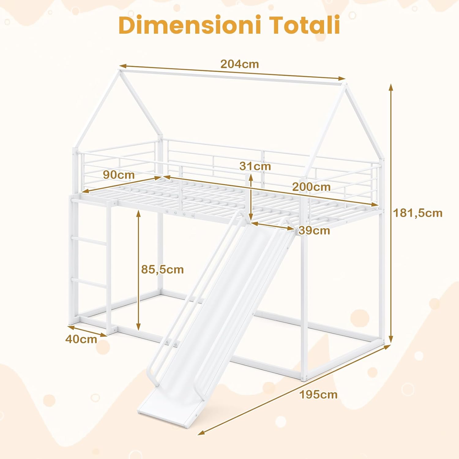 Letto a Castello per Bambini 90x200 cm, Letto Montessori con Scivolo Scala, Struttura in Metallo e Sponda di Sicurezza, Forma di Casa, senza Bisogno di Rete a Molle, Portata 110 kg (Bianco)