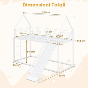 Letto a Castello per Bambini 90x200 cm, Letto Montessori con Scivolo Scala, Struttura in Metallo e Sponda di Sicurezza, Forma di Casa, senza Bisogno di Rete a Molle, Portata 110 kg (Bianco)