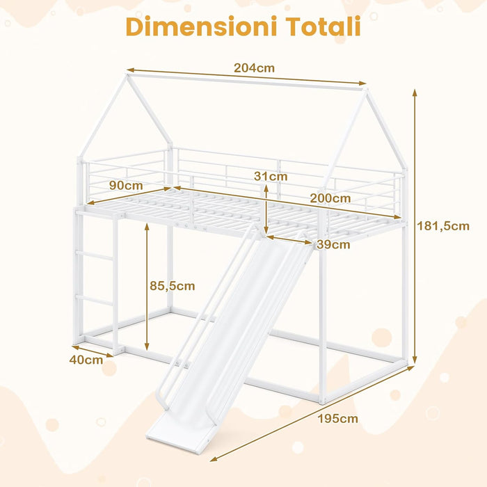 Letto a Castello per Bambini 90x200 cm, Letto Montessori con Scivolo Scala, Struttura in Metallo e Sponda di Sicurezza, Forma di Casa, senza Bisogno di Rete a Molle, Portata 110 kg (Bianco)