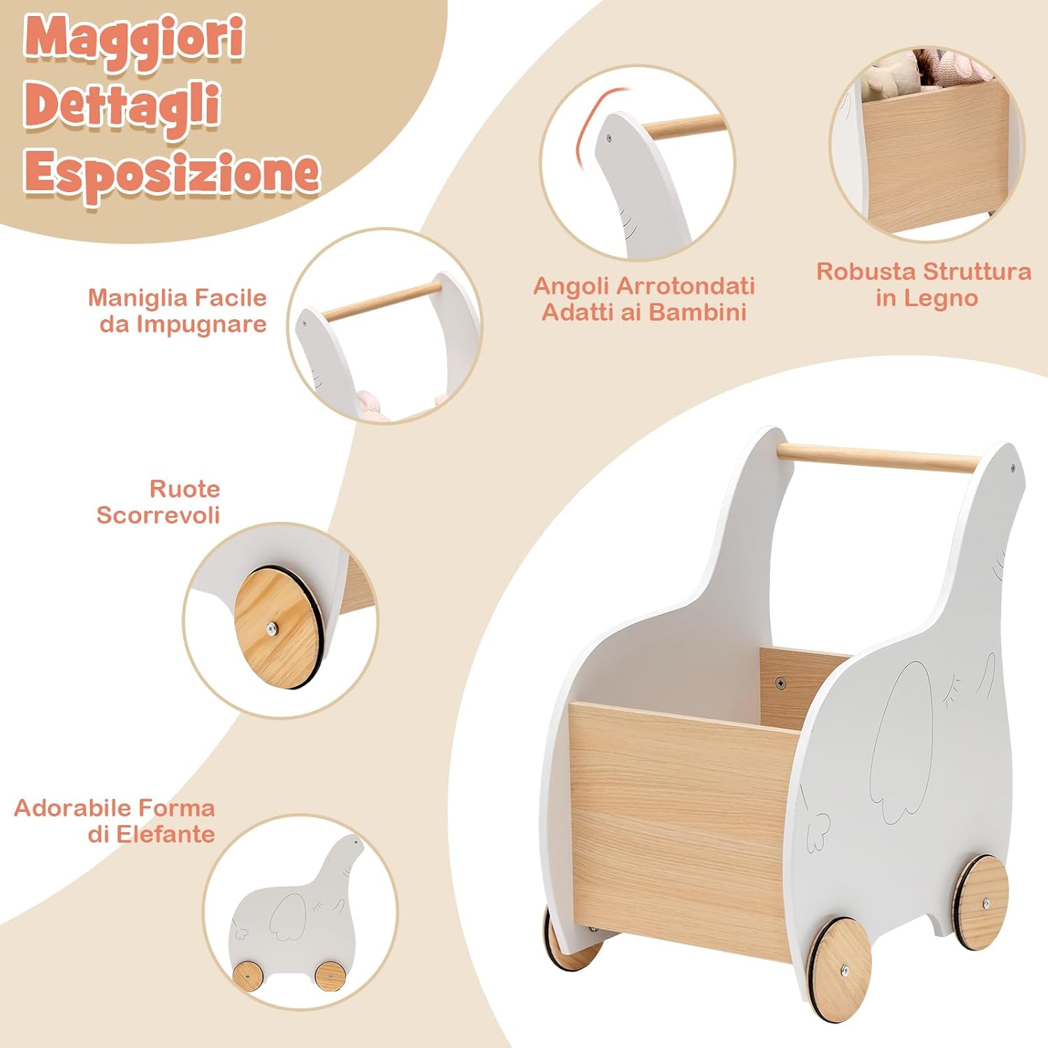 Carrellino Primi Passi per Bambini in Legno, Carrello Portagiochi Design 2 in 1 con Ruote in Gomma, Ideale per Bambini e Bambine con Età più di 3 Anni, 32 x 48 x 56 cm, Grigio (Bianco)