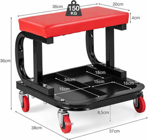 Sgabello da Officina con Ruote, Sgabello da Meccanico con Sedile Imbottito e Vassoio Porta Attrezzi, capacità di Carico 150 kg