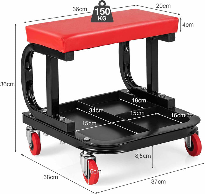 Sgabello da Officina con Ruote, Sgabello da Meccanico con Sedile Imbottito e Vassoio Porta Attrezzi, capacità di Carico 150 kg