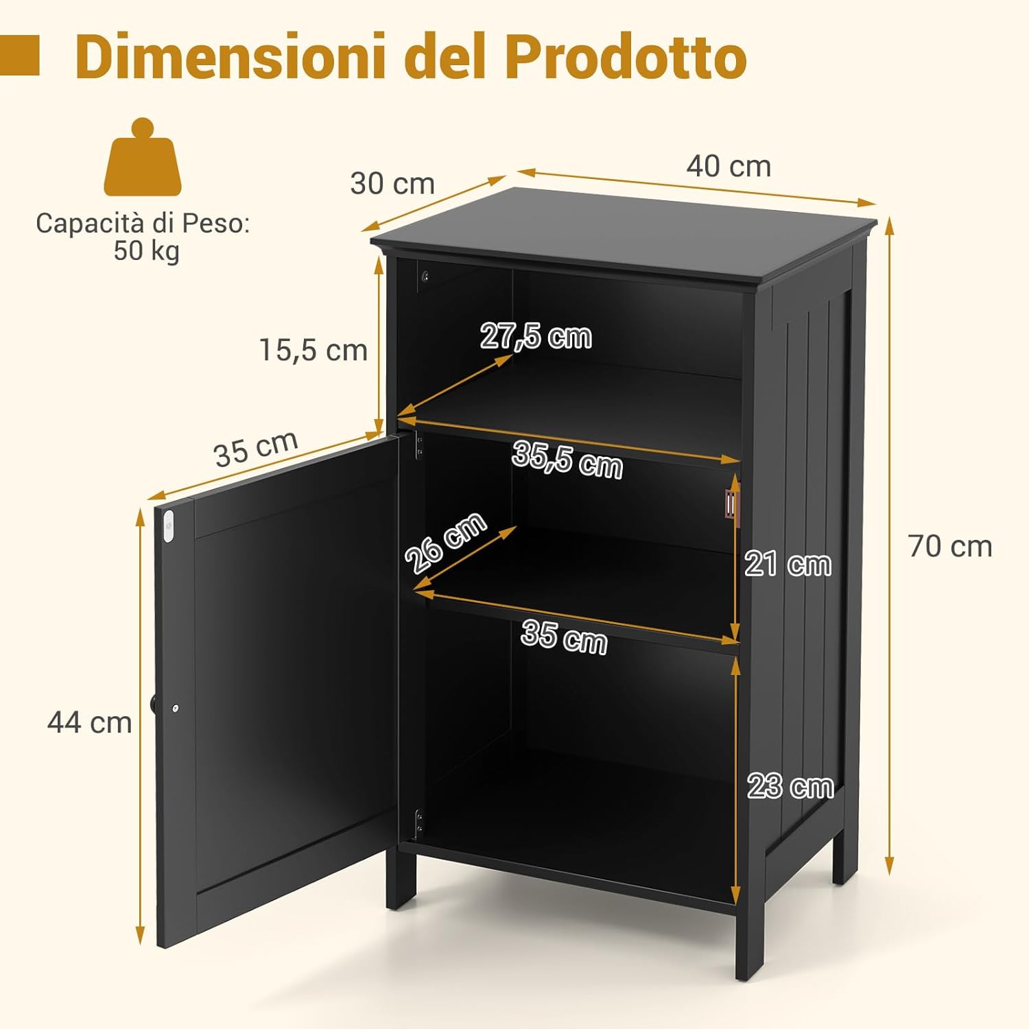 Mobile bagno, Armadietto 40 x 30 x 70cm Multiuso e Salvaspazio con Ante e Mensola Regolabile, Mobiletto in Legno per Soggiorno, Camera da letto e Ufficio (Nero)