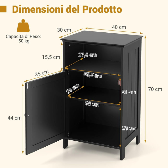 Mobile bagno, Armadietto 40 x 30 x 70cm Multiuso e Salvaspazio con Ante e Mensola Regolabile, Mobiletto in Legno per Soggiorno, Camera da letto e Ufficio (Nero)