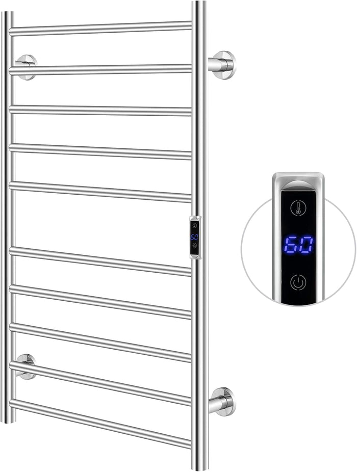 120W Scaldasalviette Elettrico con 10 Barre, Timer e Display LCD, Portasciugamani Elettrico Riscaldato Impermeabile in Acciaio Inox, Argento