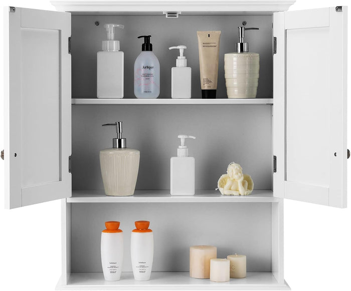 Mobile da Bagno a Parete, Armadietto Bagno in Legno con Ante e Ripiani, Mobile Multiuso per Bagno, Cucina, Camera da Letto, 60 cm x 19 cm x 71 cm, Bianco