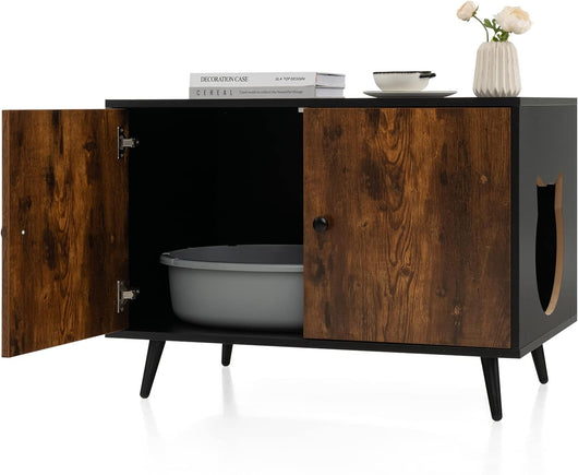 Mobile per Lettiera per Gatti, Casetta per Gatti con Divisore e 2 Ingressi a Forma di Testa di Gatto, Tavolino in Legno Versatile per Salotto, 80 x 50 x 57 cm, Marrone e Nero