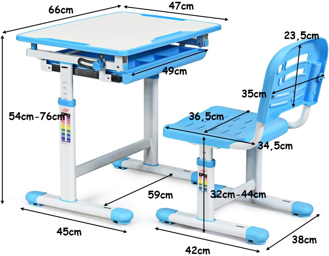 Scrivania per Bambini Tavolo per Studenti con Sedia Inclinabile Regolabile in Altezza, Ergonomica, Vari Colori Disponibili (Blu)