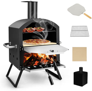 Forno per Pizza da Esterno, Forno a Legna per Pizza con Manici Antigraffio, Gambe Pieghevoli, 2 Strati, Pietra per pizza, Pala per Pizza, Copertura Impermeabile, per Picnic, Festa e Campeggio