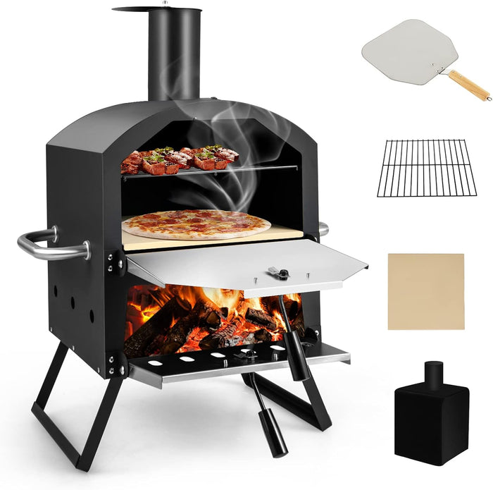 Forno per Pizza da Esterno, Forno a Legna per Pizza con Manici Antigraffio, Gambe Pieghevoli, 2 Strati, Pietra per pizza, Pala per Pizza, Copertura Impermeabile, per Picnic, Festa e Campeggio