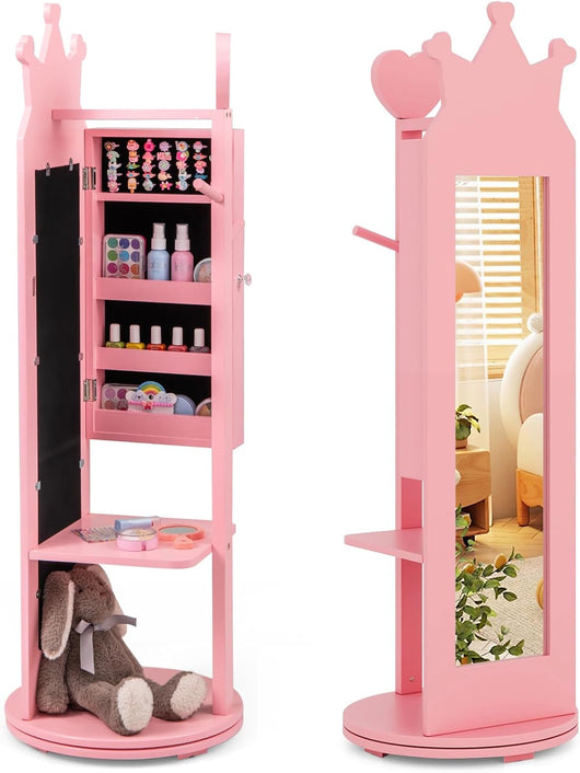 Armadio Portagioie per Bambini 36 x 36 x 112cm, Specchio da Terra a Forma di Corona con Ganci, Ripiani e Base Girevole, Toeletta per Cameretta (Rosa)