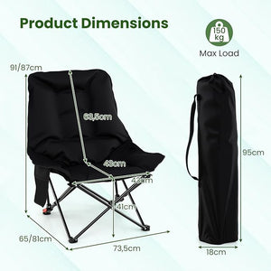 Sedia da Campeggio Portatile, Sedia Pieghevole Imbottita con Schienale Regolabile e Tasca Laterale, Seduta da Giardino in Metallo con Borsa da Trasporto, Portata 150 kg