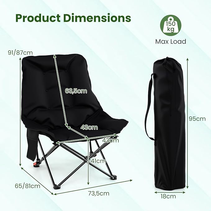 Sedia da Campeggio Portatile, Sedia Pieghevole Imbottita con Schienale Regolabile e Tasca Laterale, Seduta da Giardino in Metallo con Borsa da Trasporto, Portata 150 kg