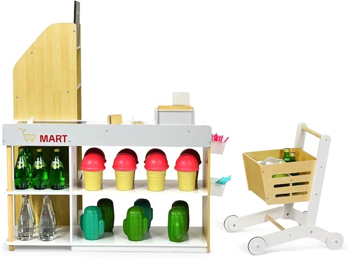 Negozio Giocattolo per Bambini, Bancarella Mercato Giocattolo in Legno, con Carrello della Spesa, Supermercato Giocattolo Scanner, Pos, Carta di Credito e Monete di Legno, 90 x 62 x 111 cm