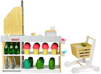 Negozio Giocattolo per Bambini, Bancarella Mercato Giocattolo in Legno, con Carrello della Spesa, Supermercato Giocattolo Scanner, Pos, Carta di Credito e Monete di Legno, 90 x 62 x 111 cm