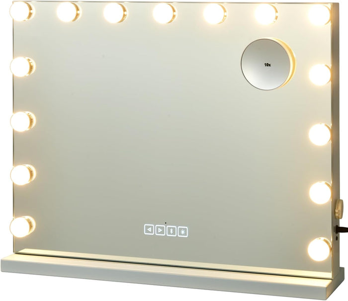 Specchio per Trucco Illuminato con 15 Lampadine Luci LED, Specchio da Toeletta Controllo Touch, per Scrivania Muro, 3 Modalit¨¤ di Colore, con Altoparlante Bluetooth USB, 58x48 cm