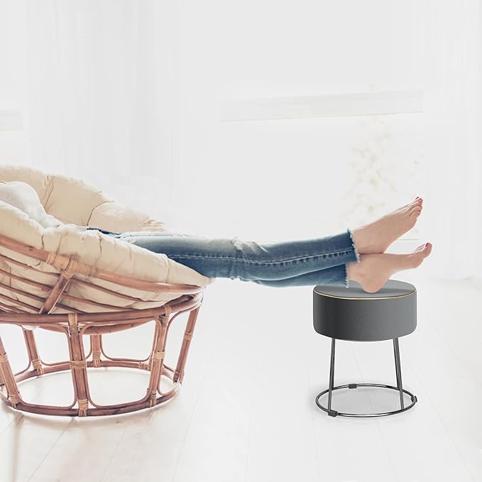 Pouf Rotondo Poggiapiedi 41cm, Sgabello Moderno da Trucco con Base in Metallo, Sedile Imbottito Spesso e Piedini Antiscivolo per Toeletta, Comodino e Divano (Grigio)