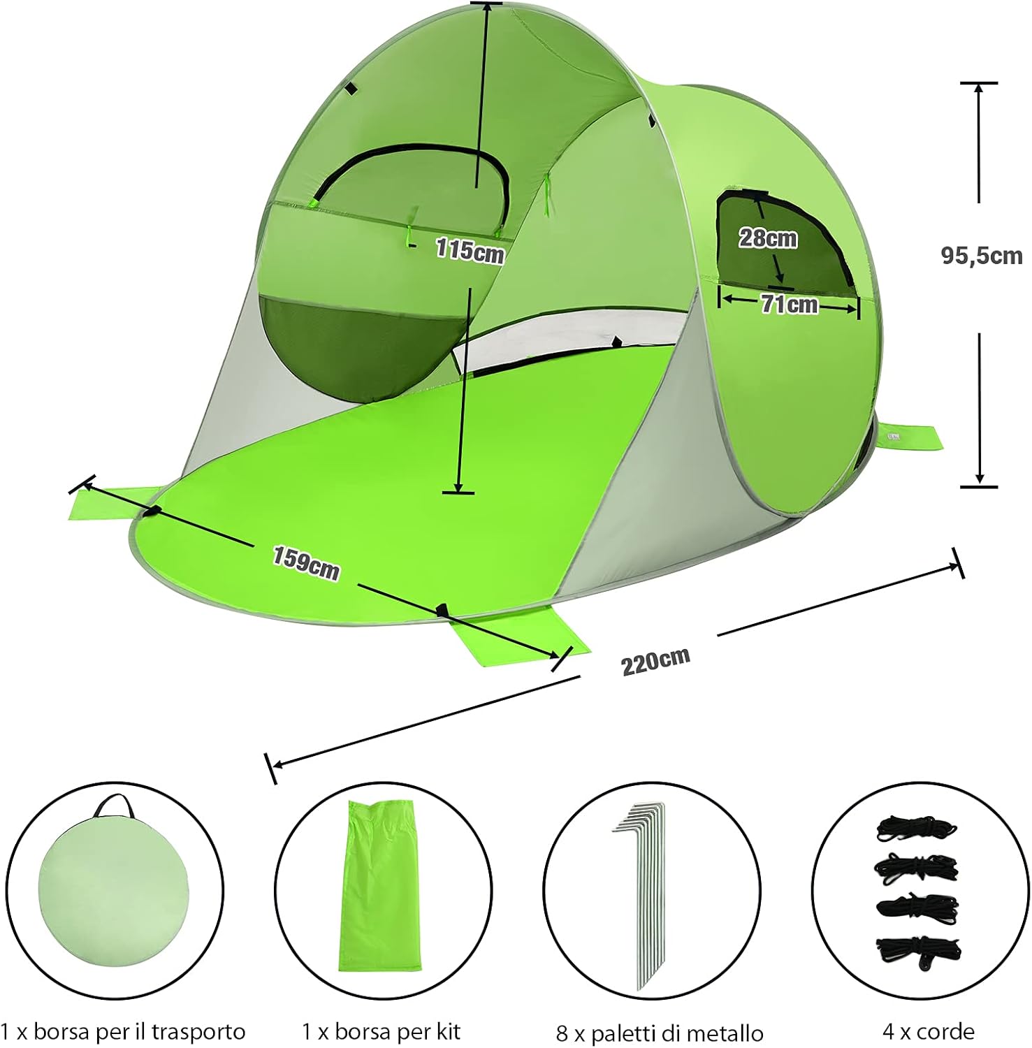 Tenda da Spiaggia per 3-4 Persone,Tenda Pop Up Portatile con Protezione Solare, con 2 Finestre a Rete, per Attivita all’Esterno