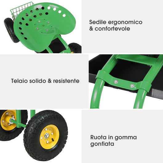 Sgabello da Giardino, Sgabello per Giardinaggio con Ruote, Sedile Regolabile in Altezza e Girevole a 360°, Cestello e Vassoio, Carrello per Prato e Giardino, Portata 150 kg(Verde)