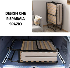 Letto Brandina Pieghevole, con Materasso in Memory Foam, Struttura Resistente e 4 Ruote Girevoli, Lettino Pieghevole, 200 x 80 x 40cm, Made in Italy (Beige)
